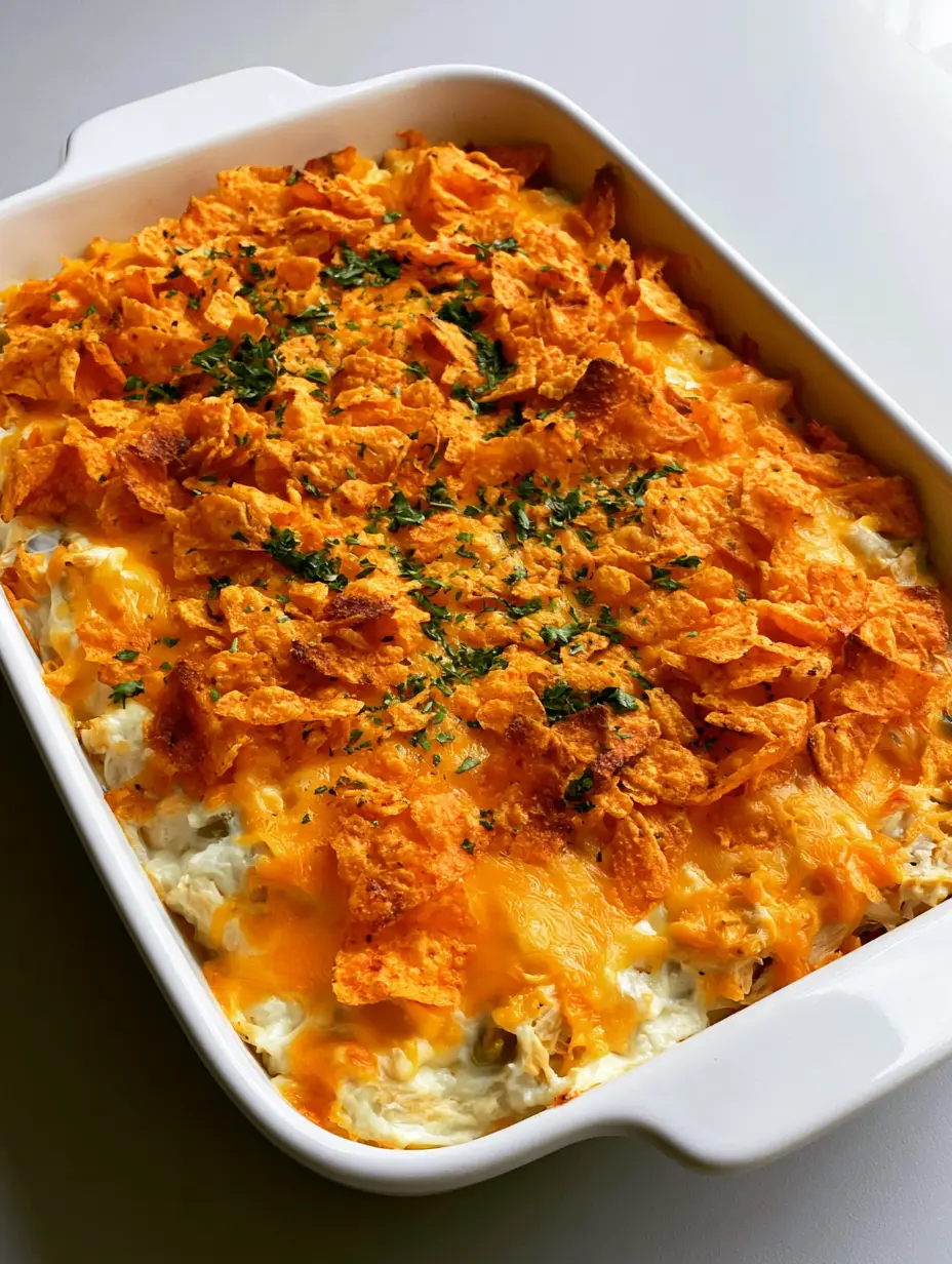 Doritos Chicken Casserole: The Ultimate Cheesy Comfort Food Recipe 3 Smartphone photo of Doritos Chicken Casserole showing the shredded chicken filling and bubbly cheese layer. (Doritos Chicken Casserole)