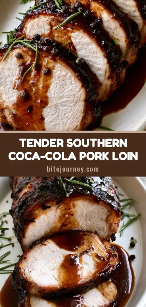 A thick sliced roasted Coca-Cola Pork Loin with a mahogany glaze on a white platter, garnished with rosemary and peppercorns.