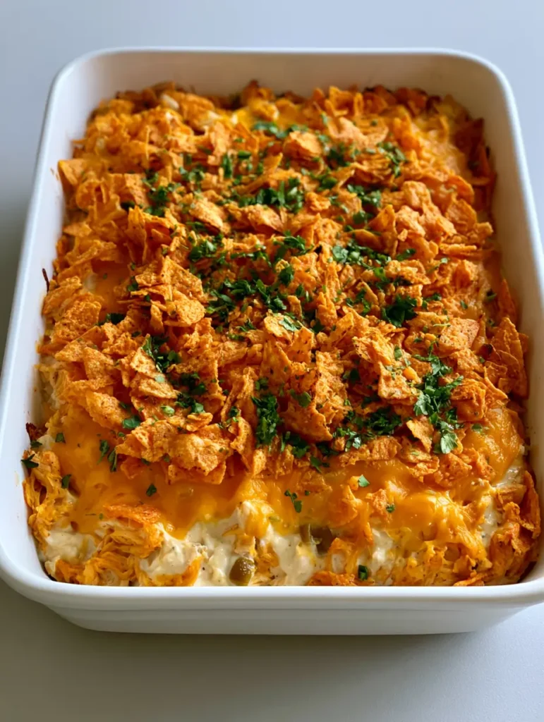 Doritos Chicken Casserole: The Ultimate Cheesy Comfort Food Recipe 1 A white rectangular casserole dish filled with Doritos Chicken Casserole topped with toasted orange tortilla chips and parsley.