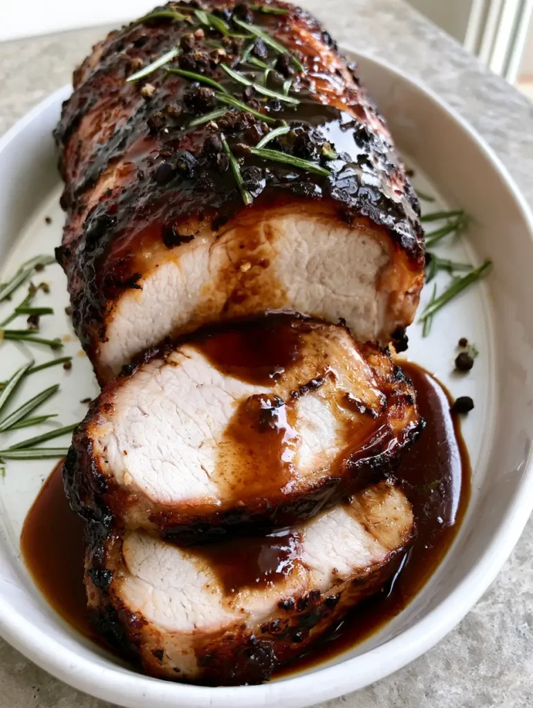 Slices of moist Coca-Cola Pork Loin showing a light pinkish-white center and a dark, syrupy reduction sauce.
