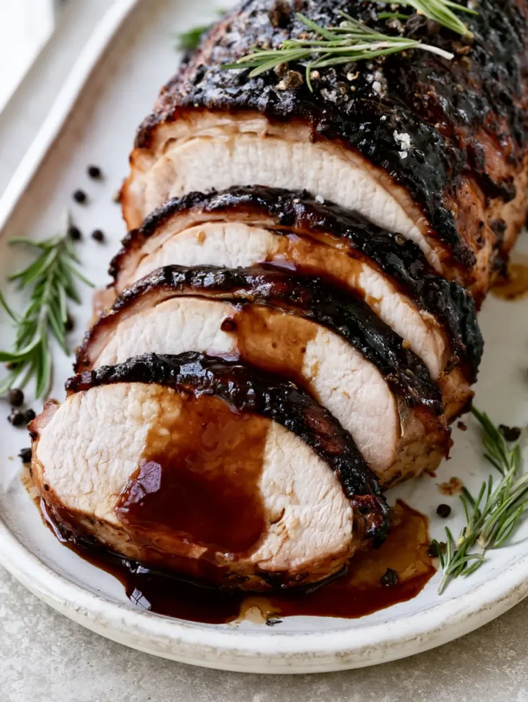 Close up of the glossy caramelized dark cola glaze and cracked peppercorns on a Coca-Cola Pork Loin.