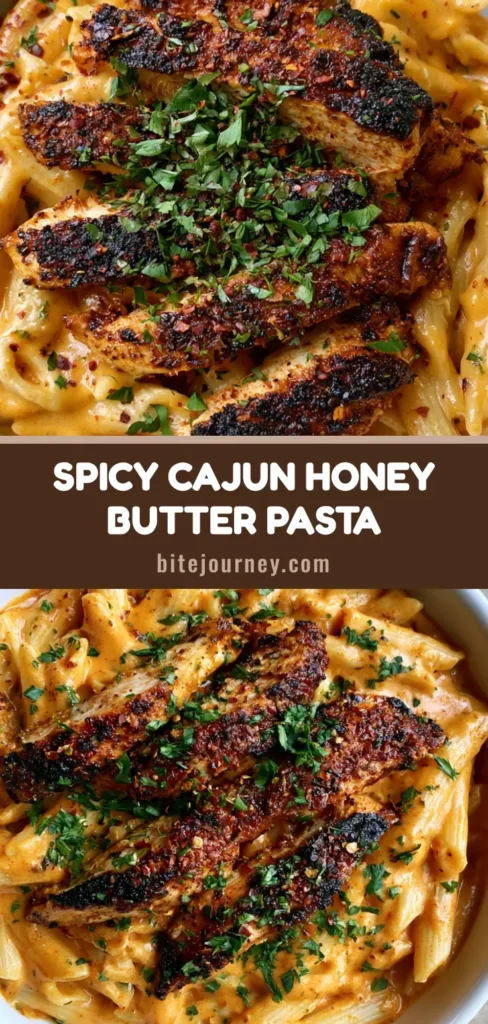 Spicy Cajun Honey Butter Chicken Pasta 4 A shallow white bowl filled with Spicy Cajun Honey Butter Chicken Pasta, featuring glossy orange sauce and charred chicken strips topped with parsley.