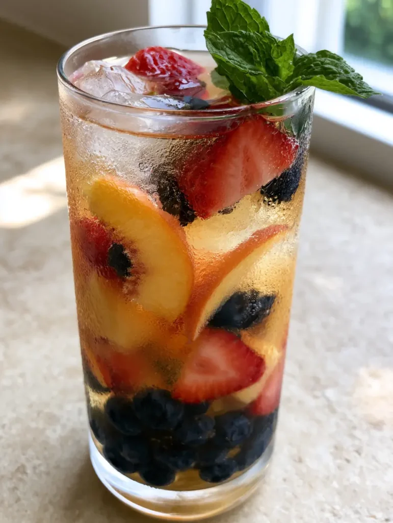 Peach Moscato Sangria: The Ultimate Summer Fruit Cocktail 1 Overhead view of Peach Moscato Sangria showing the vibrant red strawberries and dark blueberries submerged in golden wine.