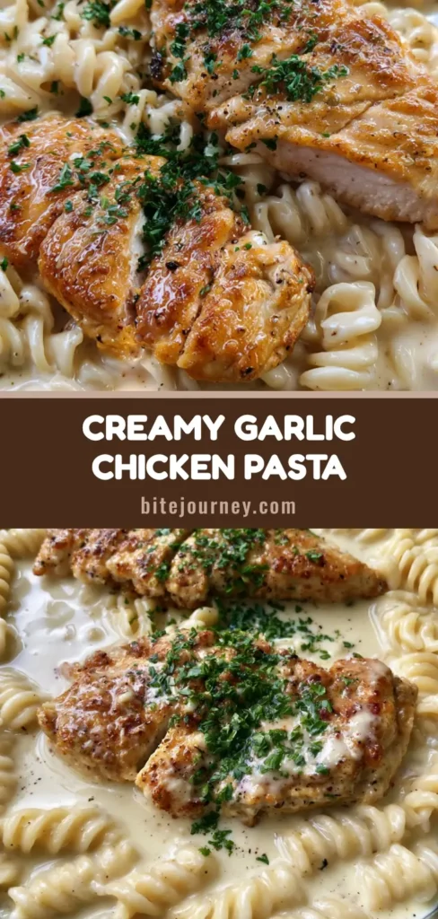 A top-down Pinterest-style view of Creamy Garlic Parmesan Chicken with seared strips over twisted rotini in a glossy ivory sauce.