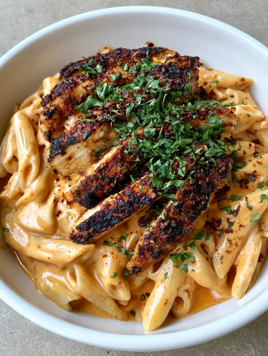 Spicy Cajun Honey Butter Chicken Pasta 3 Top-down view of penne pasta coated in orange Cajun honey butter sauce with charred chicken breast and chili flakes.