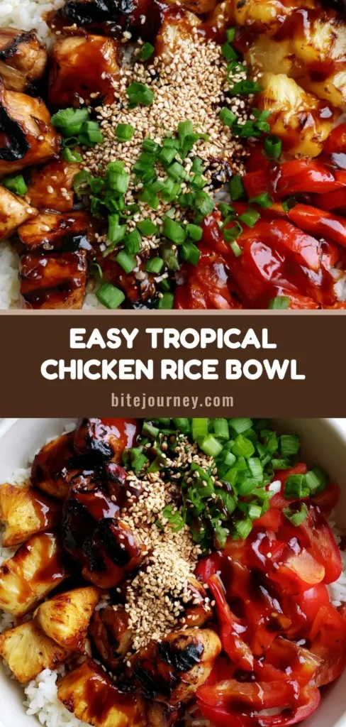 Hawaiian Chicken Bowl with Charred Pineapple and Teriyaki Glaze 4 A top-down shot of a Hawaiian Chicken Bowl featuring charred chicken cubes, caramelized pineapple, and red peppers over fluffy jasmine rice in a matte white bowl.