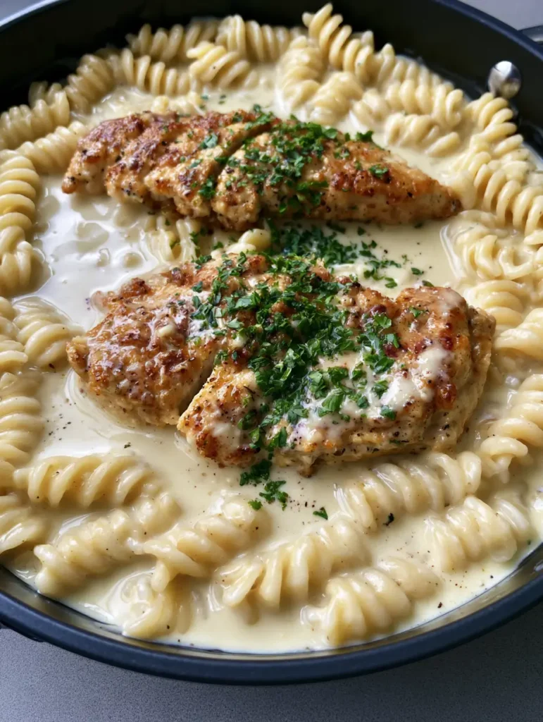 Close-up of golden-seared chicken strips on a bed of twisted rotini pasta submerged in thick garlic parmesan cream sauce. (Creamy Garlic Parmesan Chicken)
