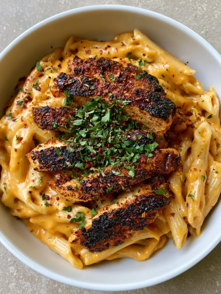 Spicy Cajun Honey Butter Chicken Pasta 1 Detailed shot of juicy Cajun seared chicken strips over a bed of creamy honey butter pasta.