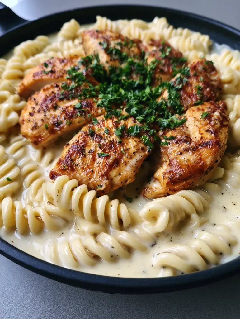 Overhead shot of a black skillet filled with Creamy Garlic Parmesan Chicken, garnished with parsley and black pepper.