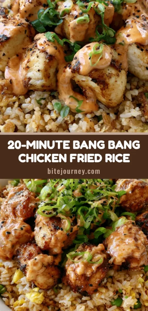 Bang Bang Chicken Fried Rice: The Ultimate Spicy & Creamy 30-Minute Dinner 3 A handheld photo of a bowl of Bang Bang Chicken Fried Rice with creamy orange sauce drizzle, green peas, and sesame seeds.