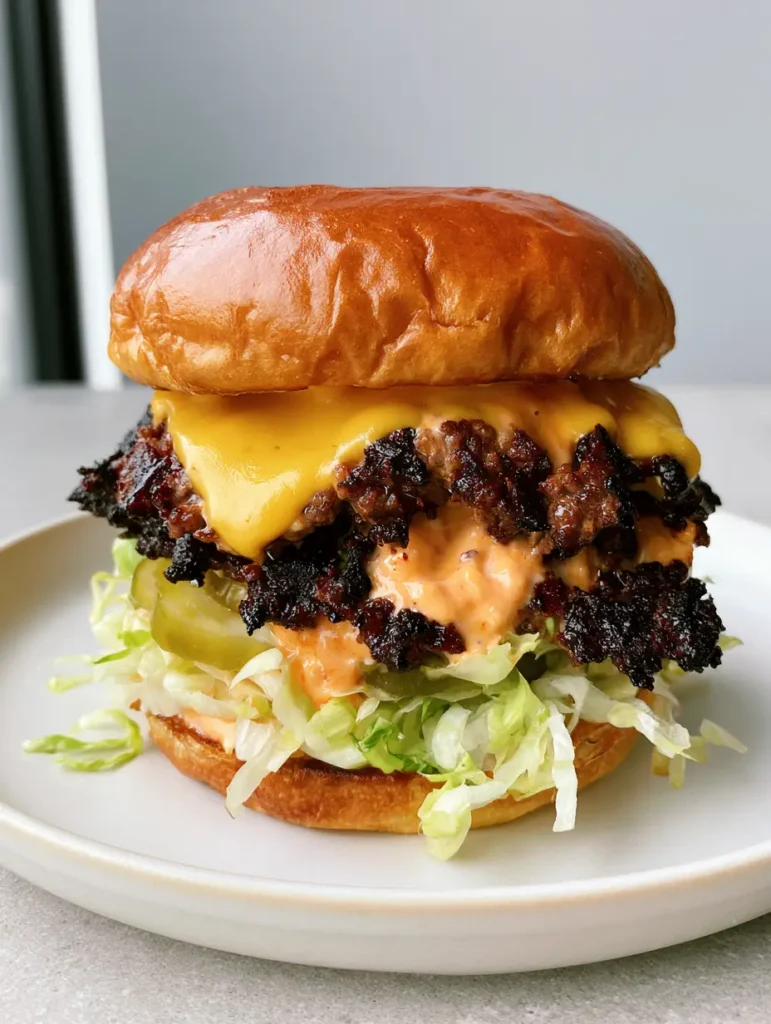 A stack of double Smash Burgers showing the melted American cheese and thin-cut dill pickles.