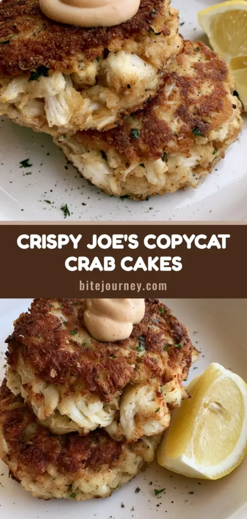 Two thick pan-fried Copycat Joe's Crab Shack Crab Cakes on a white plate with orange remoulade sauce and a lemon wedge.