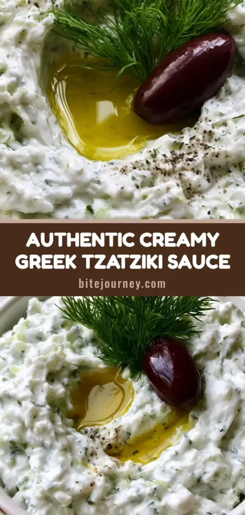 A close-up vertical shot of an Authentic Greek Tzatziki Recipe in a white bowl with a kalamata olive and fresh dill sprig garnish.