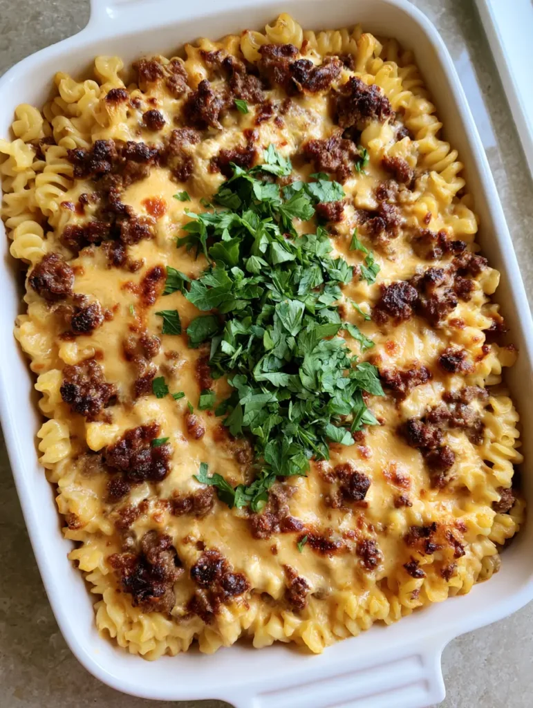 Top-down view of a Dairy-Free Hamburger Casserole featuring rotini pasta and seared beef in a pale-orange sauce with parsley garnish.