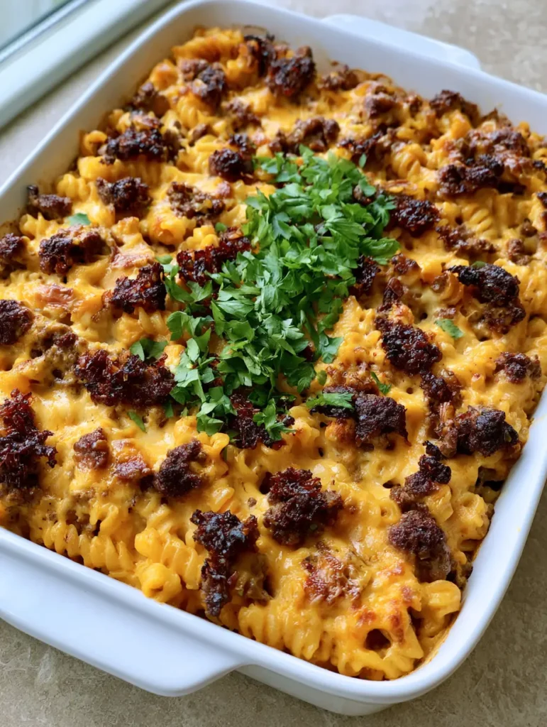 Close-up of the texture of Dairy-Free Hamburger Casserole showing the thick creamy orange sauce and seared beef crumbles.