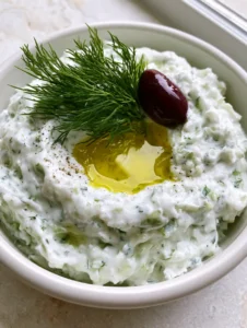 A handheld smartphone photo showing the texture of an Authentic Greek Tzatziki Recipe with cucumber bits and a glossy oil well.