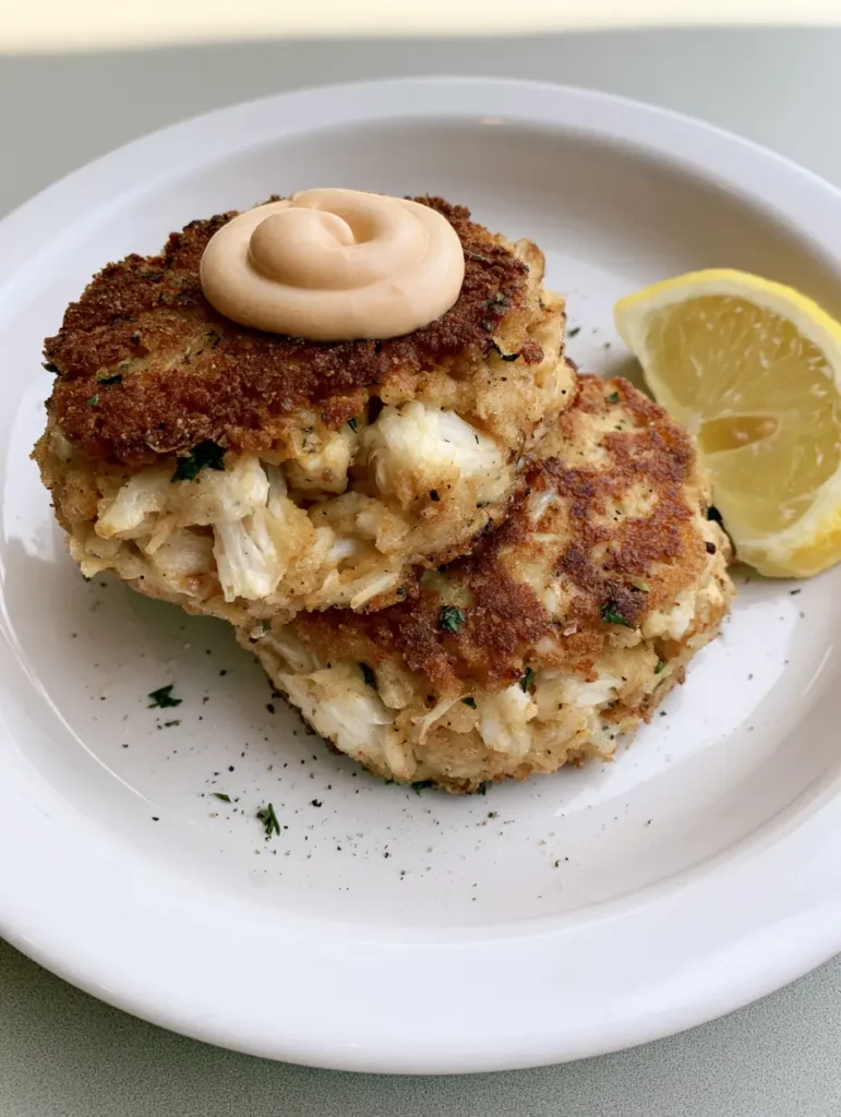 Copycat Joe's Crab Shack Crab Cakes plated on a white ceramic plate with dried parsley flakes.