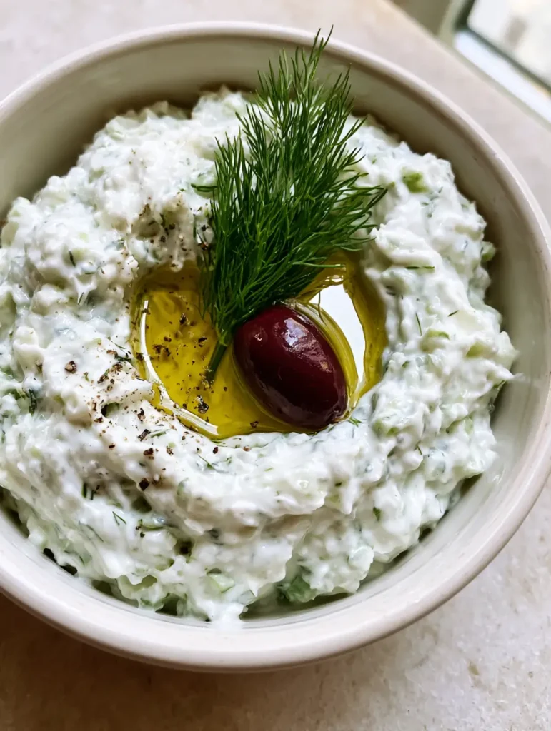 Close up of a rustic white bowl filled with tzatziki, showing a pool of golden olive oil and cracked black pepper.