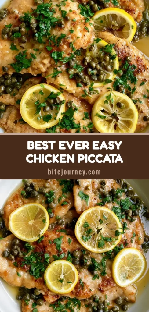 A vertical Pinterest-style photo of Chicken Piccata with golden chicken, whole green capers, and lemon wheels. (Chicken Piccata Recipe)