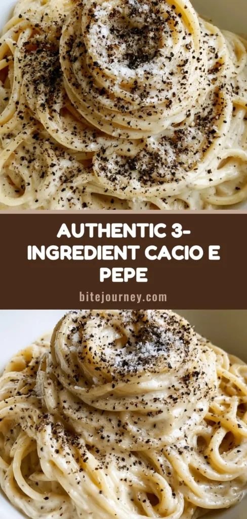 Authentic Cacio e Pepe: The Creamy 3-Ingredient Roman Masterpiece 4 A high, elegant swirl of Authentic Cacio e Pepe spaghetti in a white bowl, coated in a thick, glossy ivory sauce with coarse cracked black pepper and finely grated cheese.