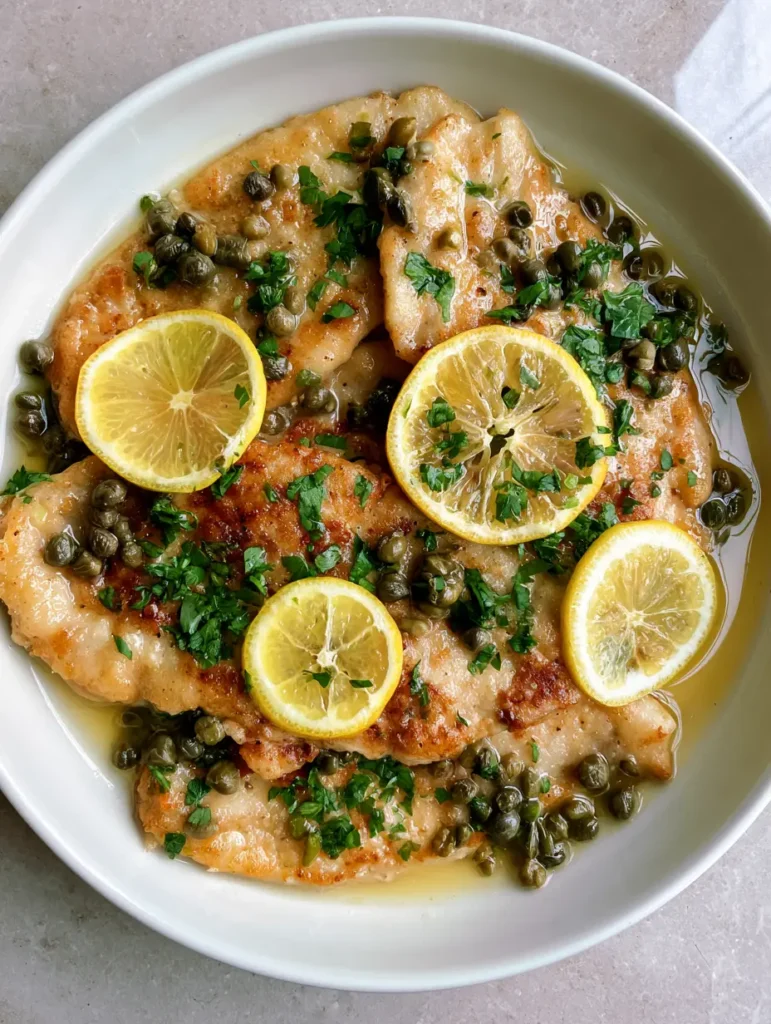 Close-up top-down view of pan-seared chicken cutlets in a translucent pale yellow lemon wine sauce in a white bowl. (Chicken Piccata Recipe)