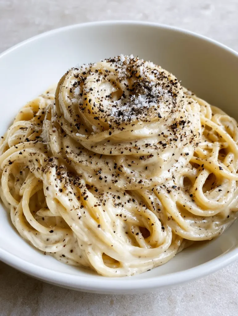 Close up of Authentic Cacio e Pepe showing the silky texture of the cheese sauce and the density of the coarse black pepper grains.