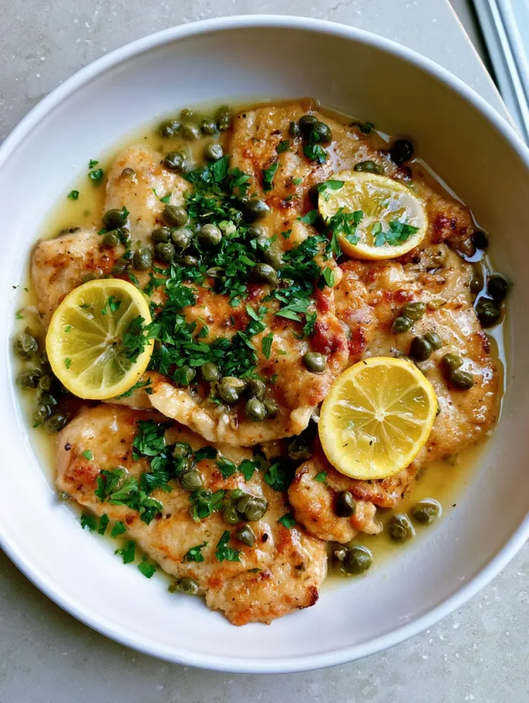 Overhead shot of Chicken Piccata showing whole green capers, lemon slices, and fresh parsley garnish on a gray stone background.