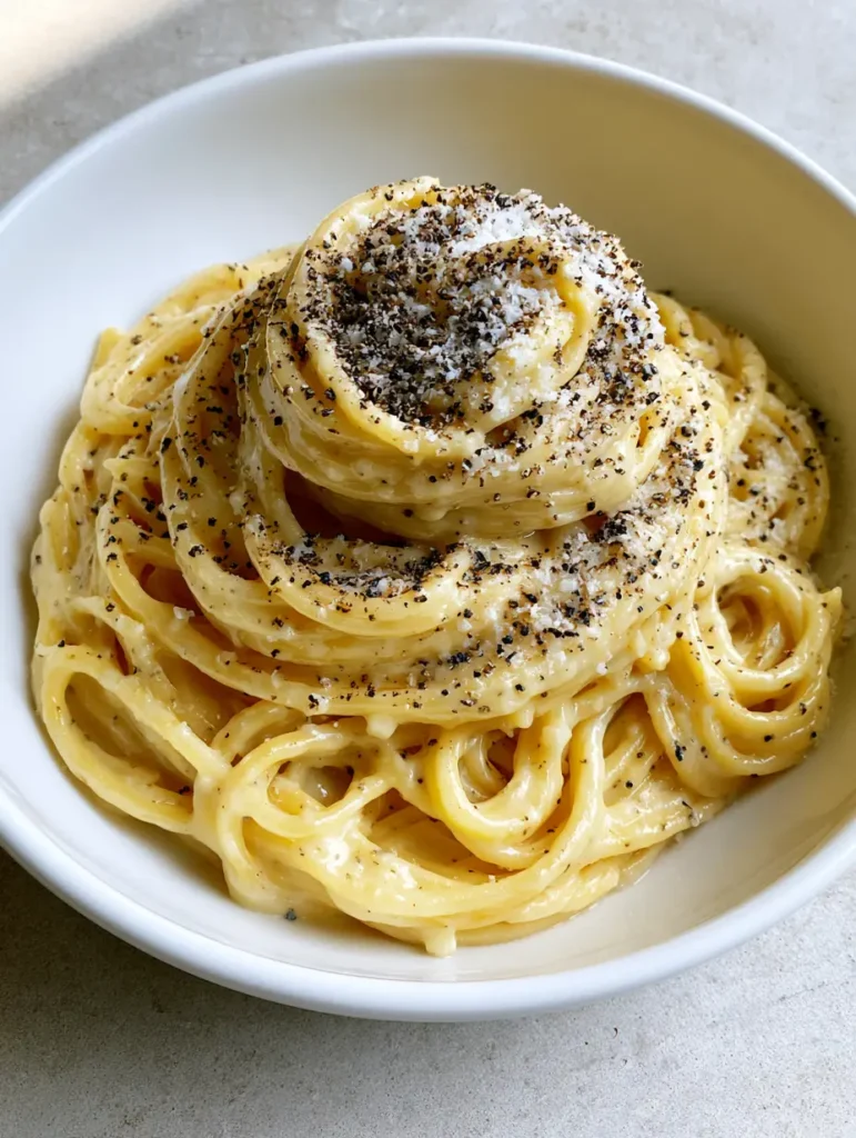 Authentic Cacio e Pepe: The Creamy 3-Ingredient Roman Masterpiece 1 Wide shot of a white bowl of Authentic Cacio e Pepe on a light grey stone surface, showcasing the elegant presentation.