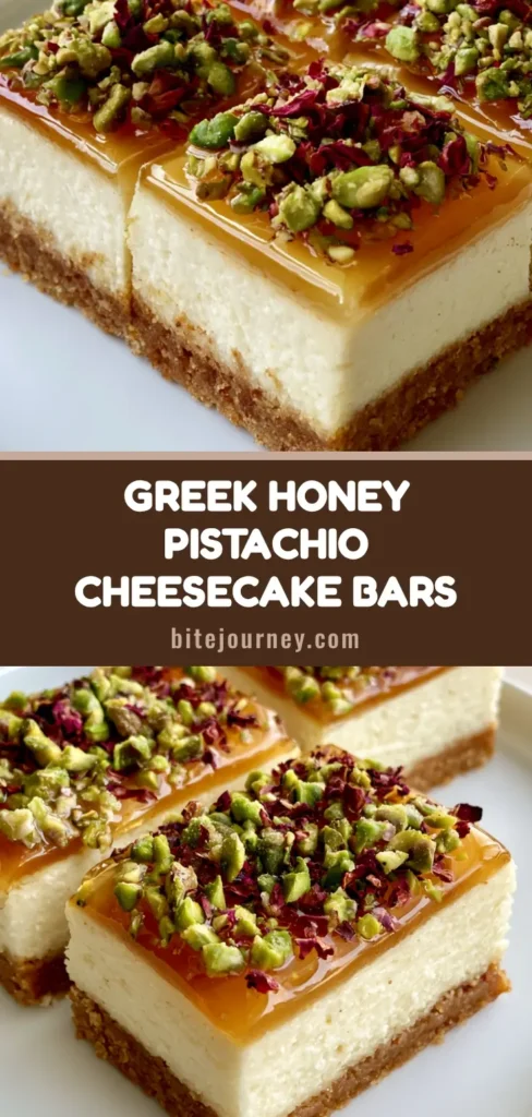 Greek Honey Pistachio Cheesecake Bars with Rose Petals 3 A handheld smartphone photo of sliced Greek Honey Pistachio Cheesecake Bars with a golden crust, ivory filling, and rose petal garnish on a white plate.