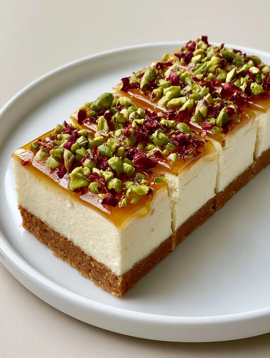 Close up of rectangular Greek Honey Pistachio Cheesecake Bars showing the glossy amber honey glaze and chopped green pistachios.