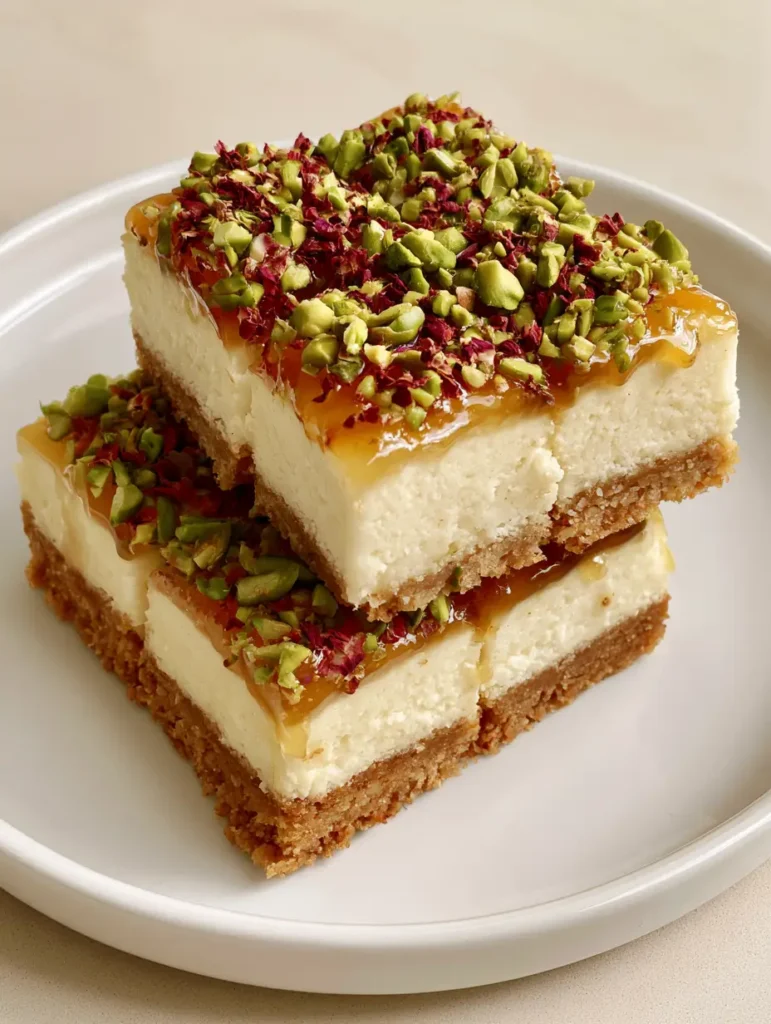 Greek Honey Pistachio Cheesecake Bars with Rose Petals 1 Side view of the thick golden shortbread crust on the Greek Honey Pistachio Cheesecake Bars.