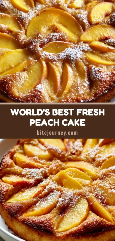 A rustic Fresh Peach Cake Recipe in a white ceramic dish featuring golden-brown edges and a circular pattern of sliced peaches with a light dusting of powdered sugar.