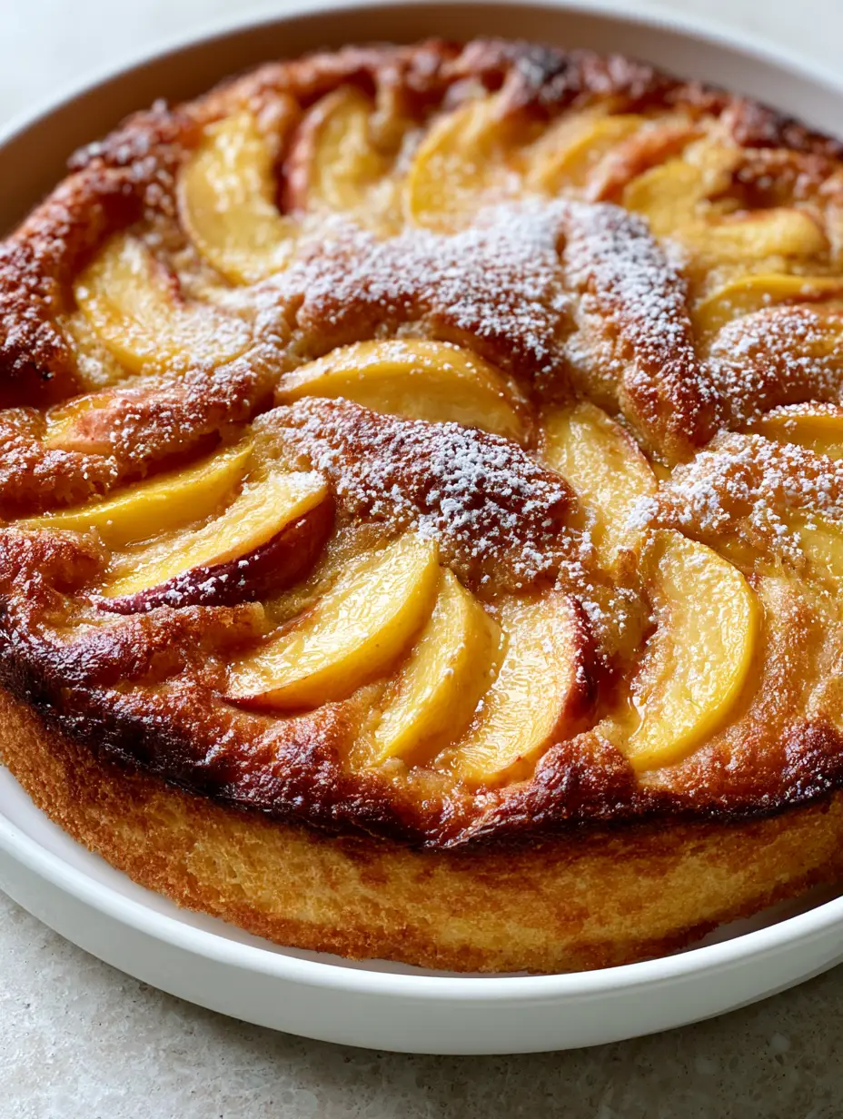 Overhead view of a Fresh Peach Cake Recipe showing the thick fluffy golden-brown cake and overlapping peach wedges.