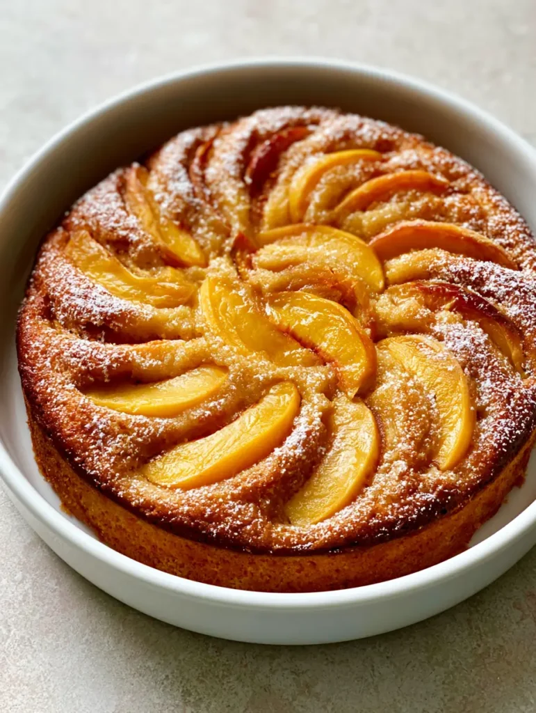 Close up of the caramelized cake edges and soft yellow peaches of the Fresh Peach Cake Recipe.