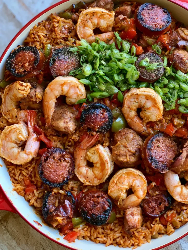 Close up of Smoky Oven Baked Jambalaya in a red enameled pot with vibrant peppers and scallions.