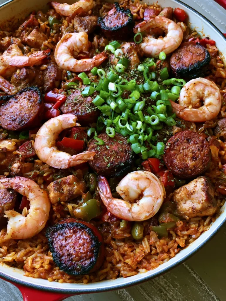 Smoky Oven Baked Jambalaya: The Ultimate One-Pot Creole Feast 1 Rustic tabletop view of Smoky Oven Baked Jambalaya featuring charred sausage and fluffy rice.