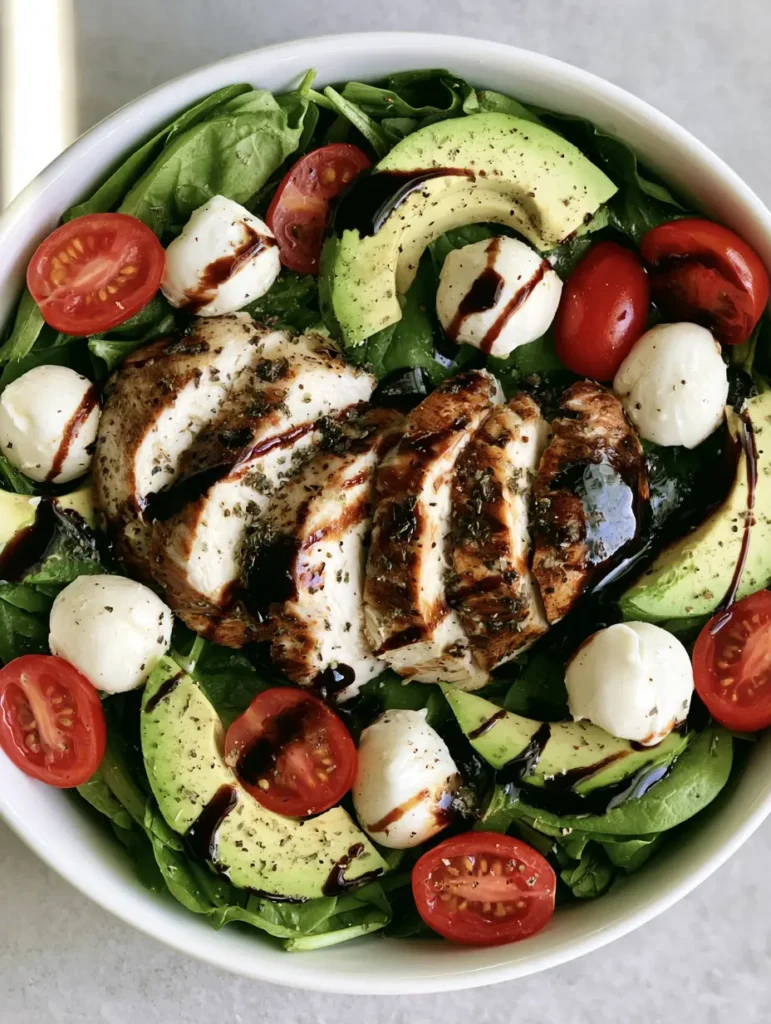 Top-down view of Baked Chicken Salad with spinach, cherry tomatoes, and pearline mozzarella.