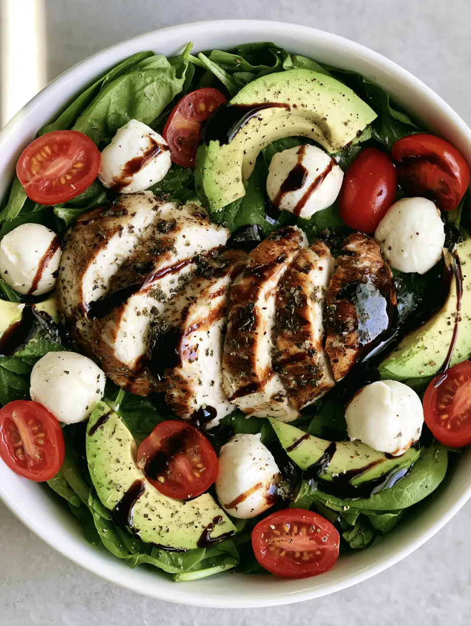 Top-down view of Baked Chicken Salad with spinach, cherry tomatoes, and pearline mozzarella.