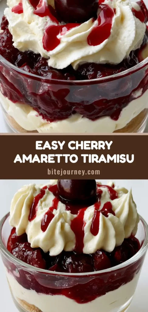 A close-up of Cherry Amaretto Tiramisu in a glass dish with espresso-soaked ladyfingers, chunky cherry compote, and a whole cherry on top.