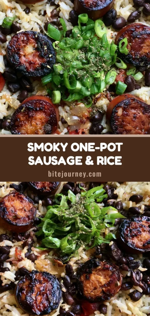 One-Pot Black Beans and Rice with Sausage: The Ultimate 30-Minute Comfort Meal 4 A rustic cast iron skillet filled with One-Pot Black Beans and Rice with Sausage, garnished with green onions and dried herbs on a grey stone surface.