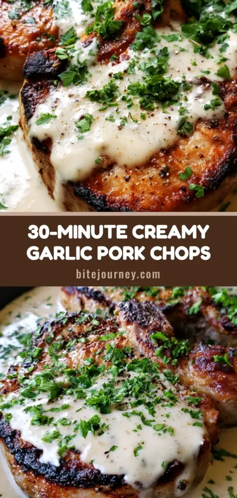 Creamy Garlic Pork Chops with a Golden Pan-Seared Crust 4 Thick-cut seared pork chops in a cast iron skillet topped with a silky garlic cream sauce and fresh parsley. (Creamy Garlic Pork Chops)