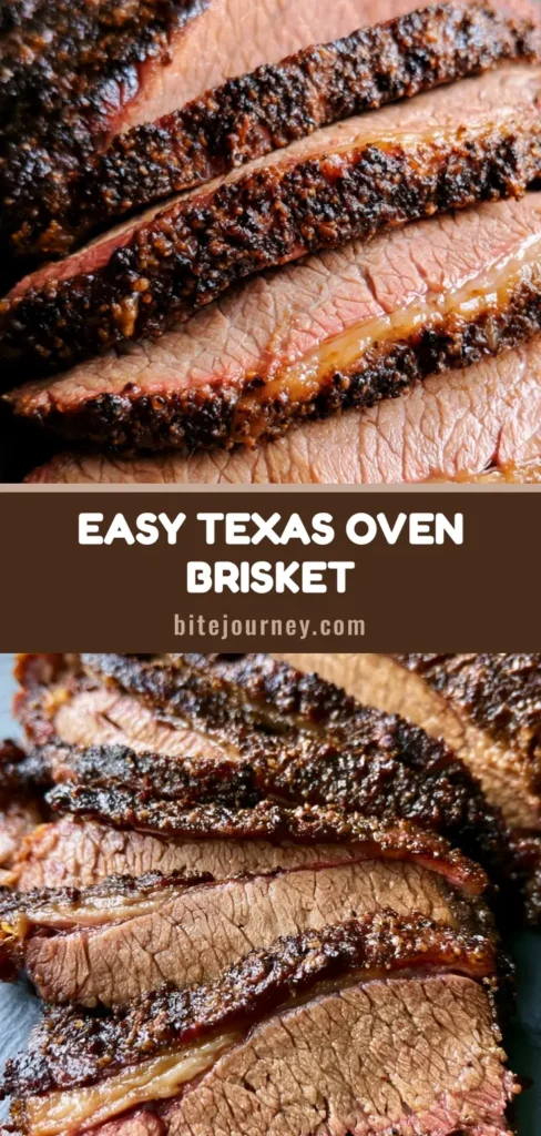Thick slices of Oven Baked Beef Brisket with a heavy black pepper bark on a dark slate platter.