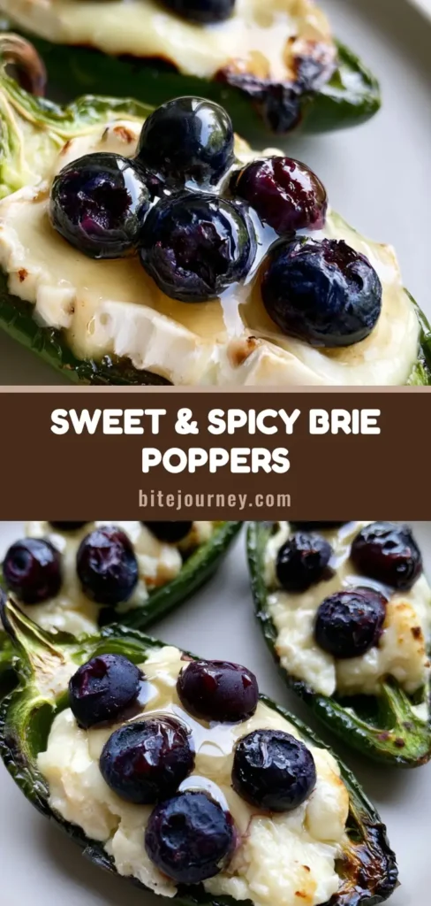 A tall vertical photo of Blueberry Brie Jalapeño Poppers with blistered green skins, melted white brie, and burst blueberries drizzled with honey.