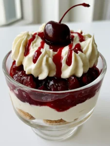 Close-up view of the layers in a Cherry Amaretto Tiramisu including the off-white mascarpone cream and dark red cherry compote.