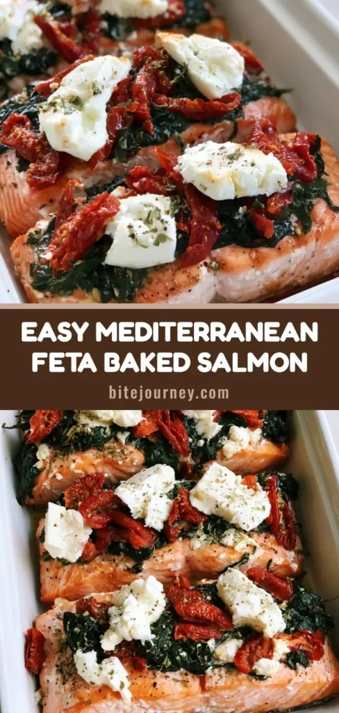 Mediterranean Baked Salmon with Sun-Dried Tomatoes and Feta 4 A vertical Pinterest Pin showing a white ceramic dish with three Mediterranean Baked Salmon fillets topped with spinach, sun-dried tomatoes, and feta chunks.