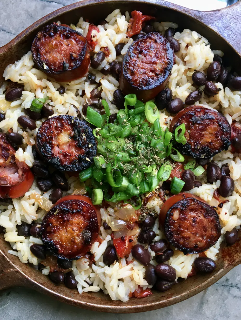 One-Pot Black Beans and Rice with Sausage: The Ultimate 30-Minute Comfort Meal 3 Top-down view of fluffy white rice, tender black beans, and seared smoked sausage coins in a cast iron skillet. (One-Pot Black Beans and Rice with Sausage)