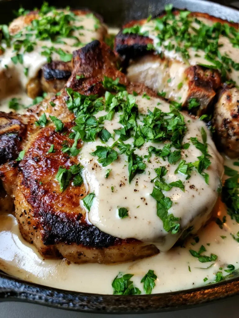Close-up of golden-brown caramelized pork chops with garlic cream sauce in a skillet. (Creamy Garlic Pork Chops)