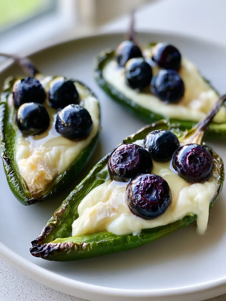 Close up photo of roasted green jalapeño pepper halves filled with melted brie and burst blueberries. (Blueberry Brie Jalapeño Poppers)
