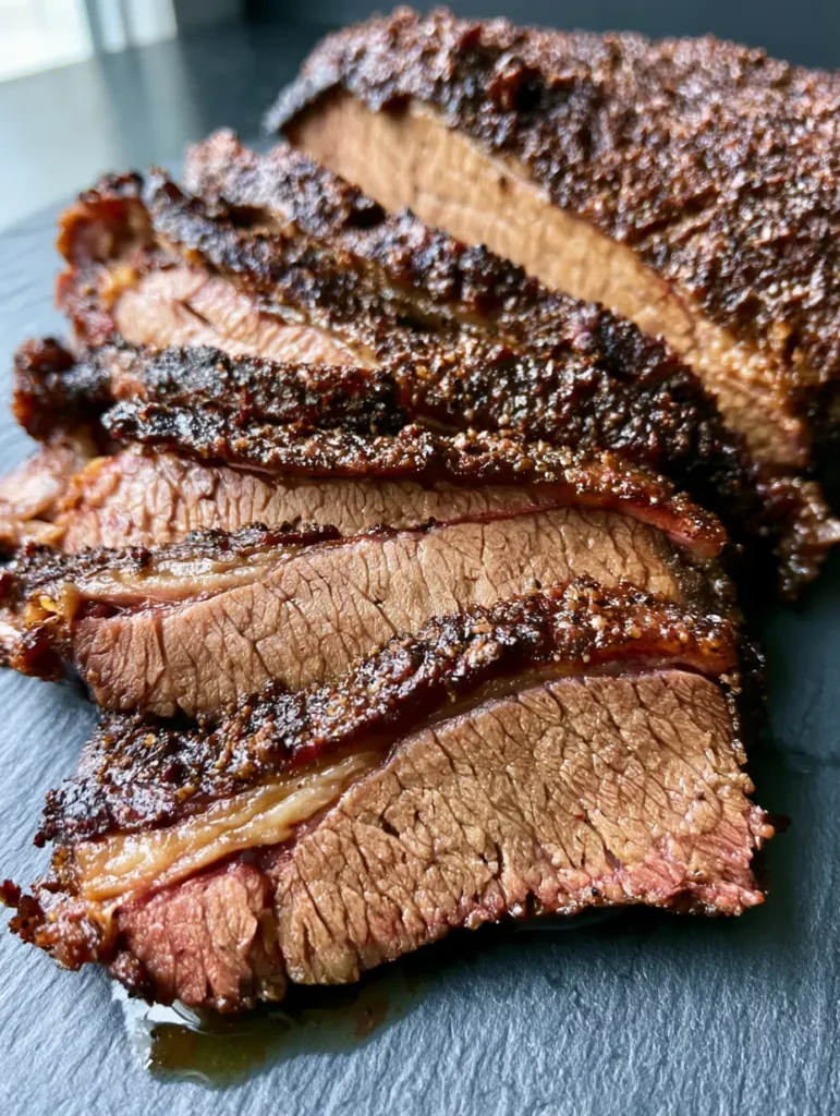 Close up of moist Oven Baked Beef Brisket slices showing muscle grain and rendered fat.