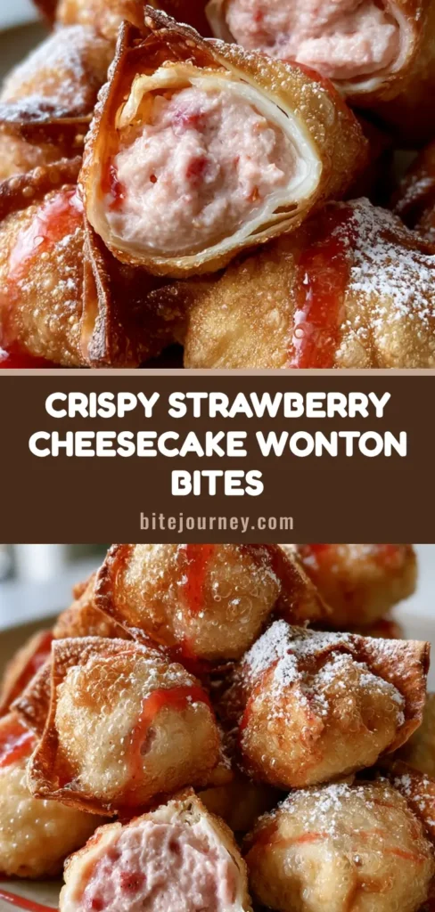 A pile of golden-brown deep-fried Strawberry Cheesecake Wontons covered in fine oil bubbles and drizzled with bright red strawberry glaze.